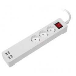 Transmedia Smart 3-way power strip with 4 USB charging ports (total 5V 2,1A)