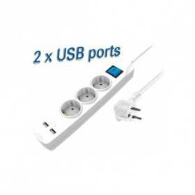 Transmedia 3-way power strip with two USB charging ports, 1,5m white