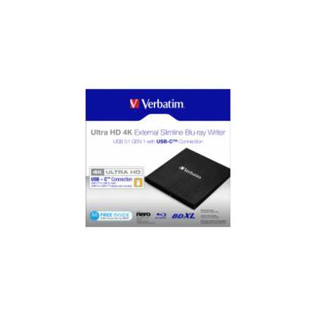 Verbatim Blu-Ray Slimline Ultra HD 4K vanjski snimač, M-Disc kompatibilan, USB3.2 (USB-C), crni