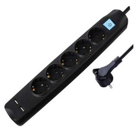 Transmedia 5-way power strip with 2x USB, black, 3m