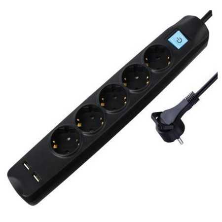 Transmedia 5-way power strip with 2x USB, black, 5m